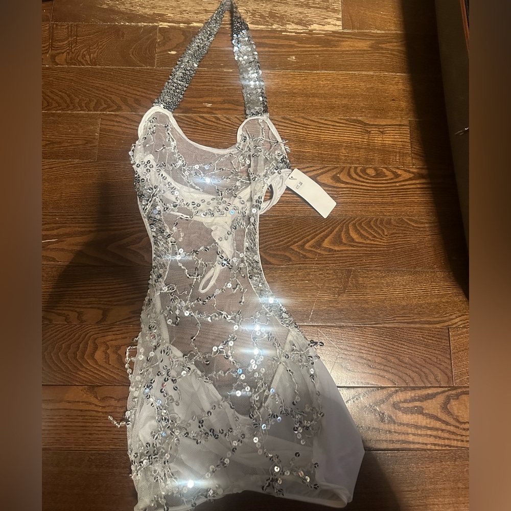 Silver Sequin Sheer Dress